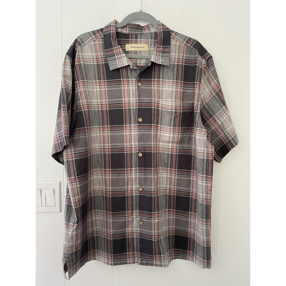 Tommy Bahama Silk Blend Plaid Short‎ Sleeve Shirt Men's XL Gray & Salmon
